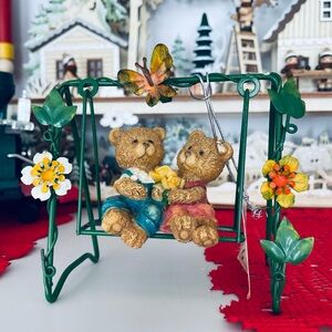 Vintage Green Bear Swing Figurine with Yellow and Red Accents